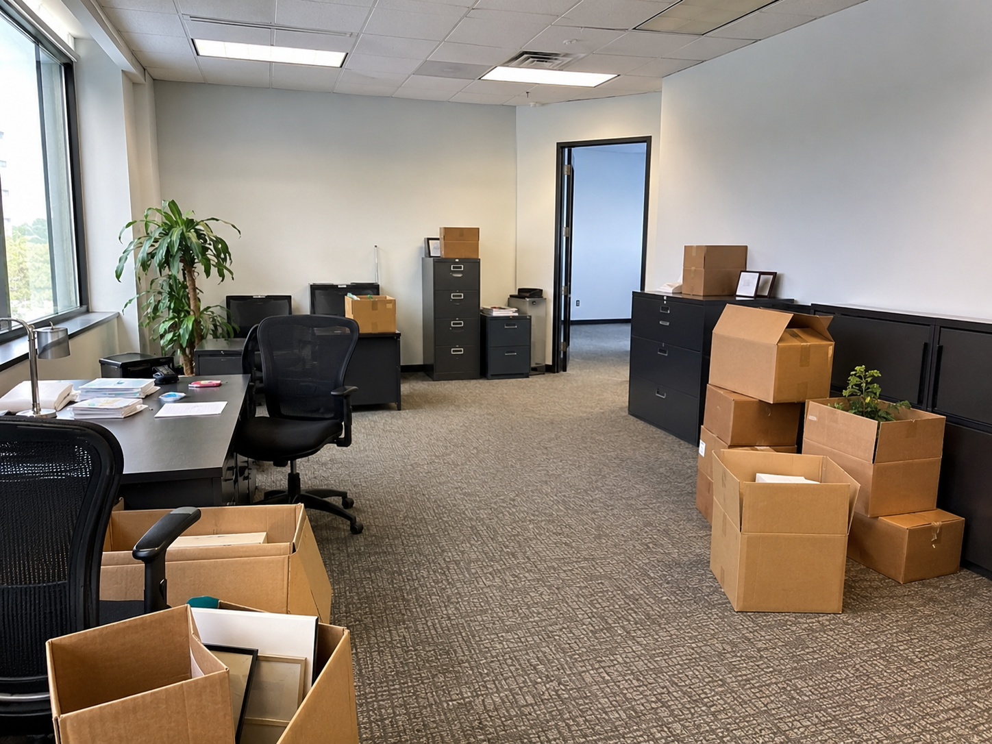 Office cleanout scene with desks, filing cabinets, and boxes ready for removal