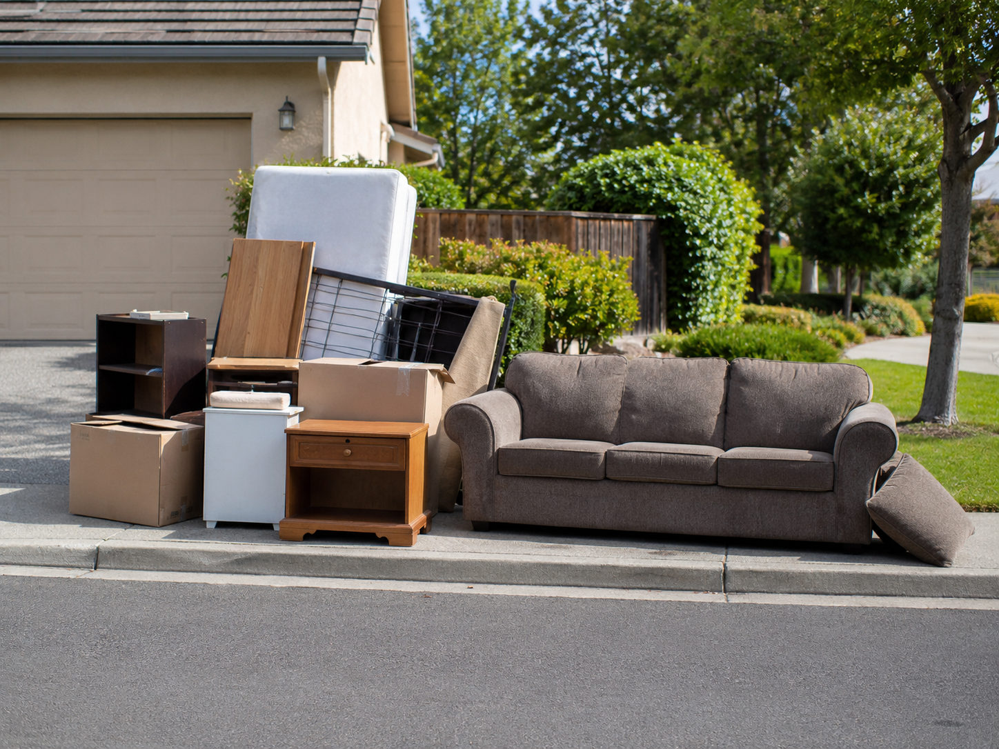 Boxes and furniture outside a home ready for pickup