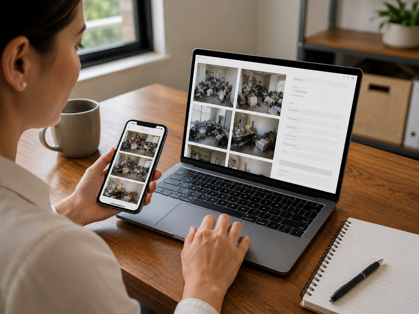 Reviewing project photos and details on a laptop and smartphone during a quote review