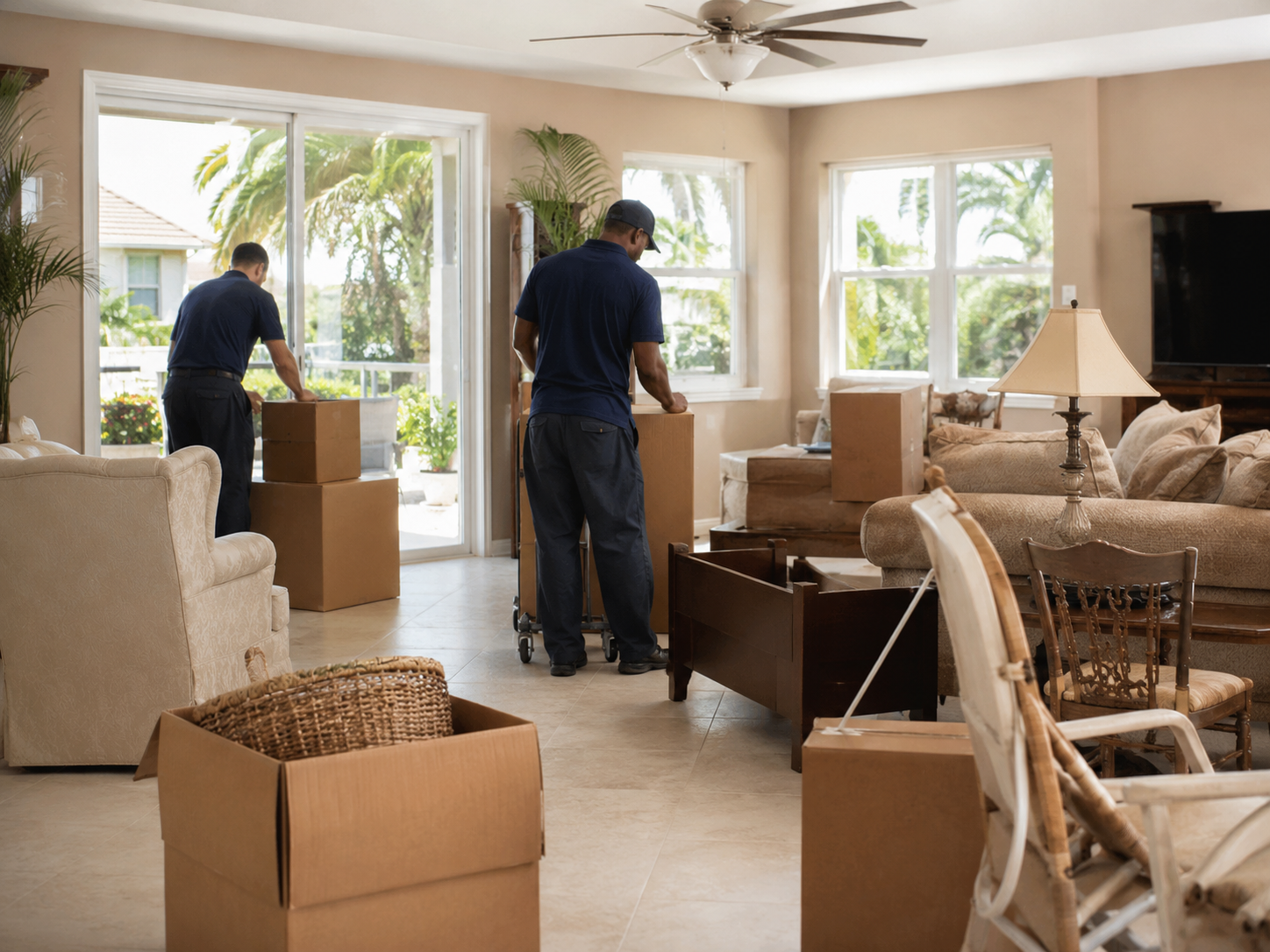 Home interior with furniture and boxes during a residential cleanout in progress
