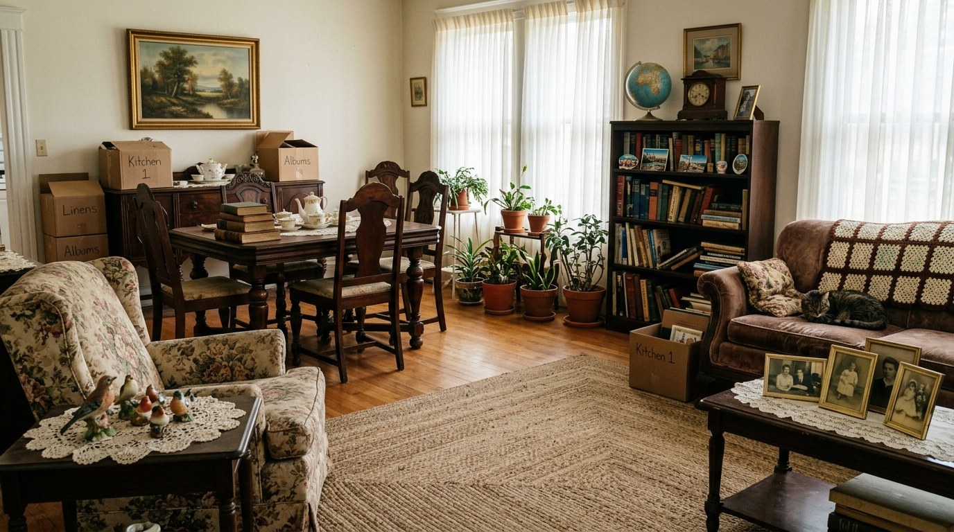 Furniture and personal belongings inside an inherited home awaiting an estate cleanout