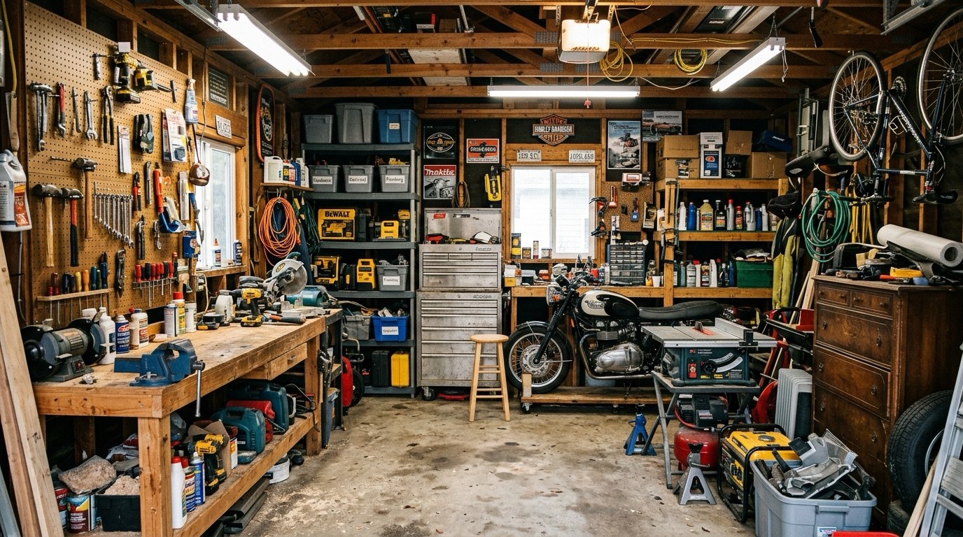 Garage filled with tools, equipment, and furniture awaiting a cleanout