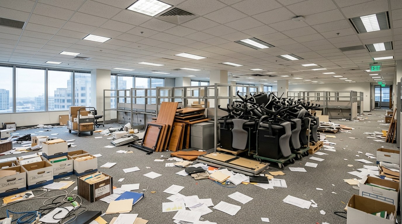 Office furniture and equipment being removed during a commercial office cleanout