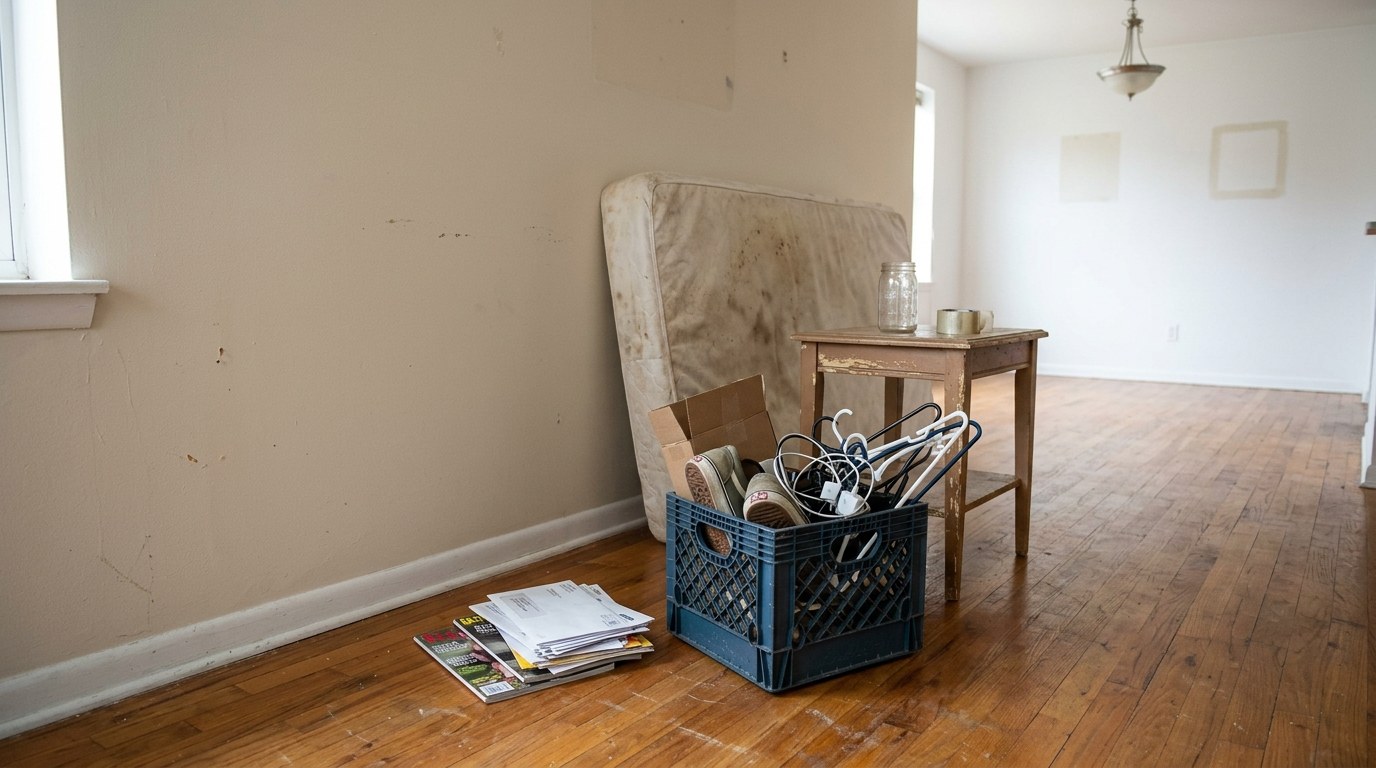 Abandoned furniture and items left behind in a rental property awaiting cleanout