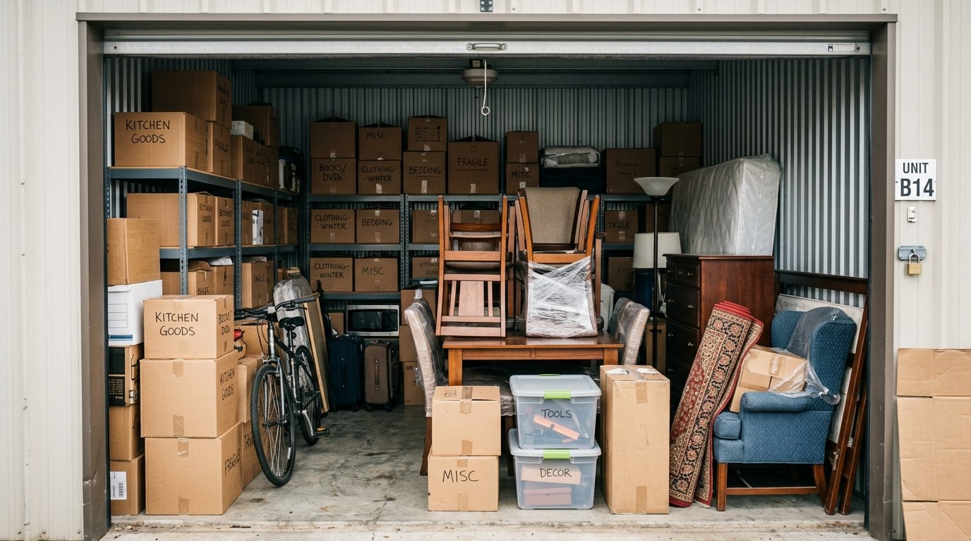 Furniture and household goods inside a storage unit awaiting cleanout