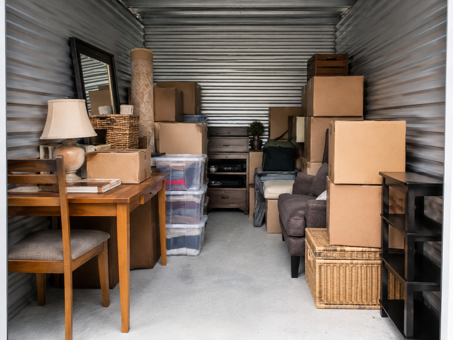Packed storage unit showing boxes, furniture, and bins awaiting cleanout
